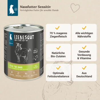 Dose Liebesgut Sensitive Nassfutter (Ziege) — 70% mageres Ziegenfleisch, natürliche Bio-Zutaten, wichtige Nährstoffe, hergestellt in Deutschland