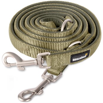 Eine gerollte olivgrüne Hundeleine mit Metallclips und einem schwarzen Etikett mit der Aufschrift "RUDELKÖNIG".