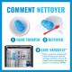 Jouet KONG bleu : trempé dans un bassin savonneux, frotté avec une brosse rouge, puis placé dans le panier du lave-vaisselle ; affiche « COMMENT NETTOYER ».