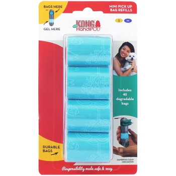 KONG HandiPOD Mini Pick Up Bag Refills, featuring 40 degradable bags in blue, with packaging details and usage instructions.