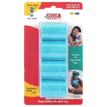 KONG HandiPOD Mini Pick Up Bag Refills, featuring 40 degradable bags in blue, with packaging details and usage instructions.
