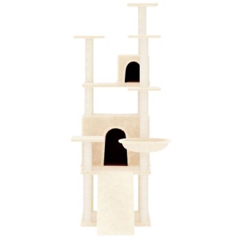 Ein hoher, beiger Katzenbaum mit mehreren Ebenen, Kratzpfosten, einem gemütlichen Versteck und einer schalenförmigen Sitzgelegenheit an der Seite.