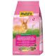 Rosa MultiFit 800-g-Tüte Luzernefutter für Zwergkaninchen, Kaninchenbild und Icon 'ohne Zuckerzusatz'.