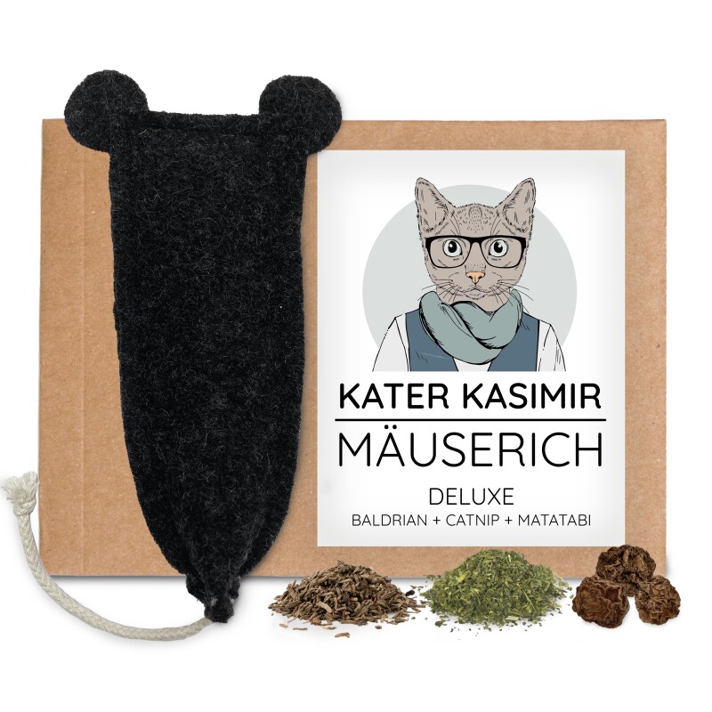 Kater Kasimir MÄUSERICH Deluxe - Die XL Spielmaus, handgemacht, aus echtem Wollfilz mit BIO-Katzenminze, BIO-Baldrian und Matatabi-Früchten