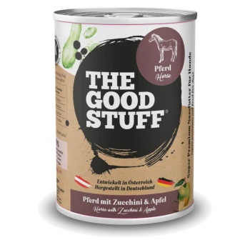 Dose 'THE GOOD STUFF' Tiernahrung – 'Pferd mit Zucchini & Apfel', Pferde-Logo.