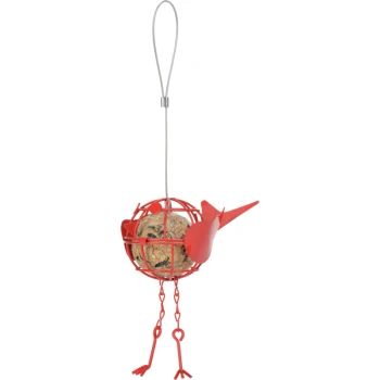 Red bird-shaped feeder holding a seed ball, suspended by a wire loop, with whimsical legs and a beak design.