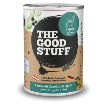 Dose Tierfutter mit der Aufschrift THE GOOD STUFF – Lamm mit Zucchini & Apfel; Etikett im Kraftpapierstil und Lamm-Icon.