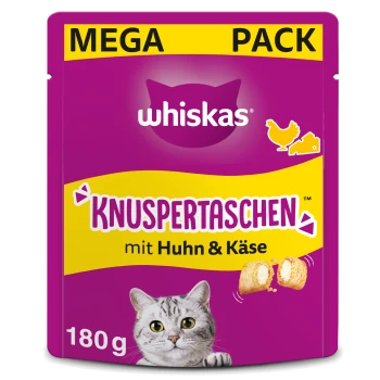 Whiskas Mega Pack Knuspertaschen Katzenleckerlis, Beutel mit Huhn & Käse 180 g, violette Tüte mit Katzenfoto und Huhn‑ und Käse‑Icons.