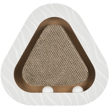 Dreieckiger Kratzbaum für Katzen mit einer strukturierten Pappoberfläche, umgeben von einem weißen und braunen dekorativen Rand, mit zwei kleinen Bällen.