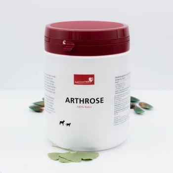 Weißes Glas mit rotem Deckel, beschriftet mit "Herzenstier ARTHROSE 100% Natur" für Hunde, mit Hundesilhouetten auf der Vorderseite.