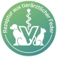 Grünes rundes Siegel mit weißen Silhouetten von Hund und Katze, zentralem 'V' und Äskulapstab; Text: 'Rezeptur aus tierärztlicher Feder'.