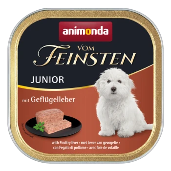 Eine Dose Animonda Vom Feinsten Junior Hundefutter mit einem flauschigen Welpen und Pastete auf einem Teller, beschriftet mit "mit Geflügelleber."