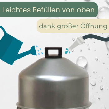 Edelstahl-Tränke für Haustiere mit Tragegriff oben, Wassertropfen und Gieß-Symbolen; Text 'Leichtes Befüllen von oben' und 'dank großer Öffnung'