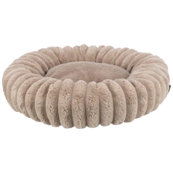 Rundes, plüschiges Haustierbett in einer sanften beige Farbe, mit einem flauschigen, gerippten Design für Komfort.