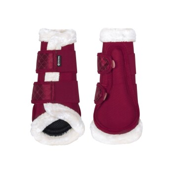 Rote Haustierstiefel mit weißem Kunstfellfutter und verstellbaren Riemen, entworfen für Komfort und Schutz.