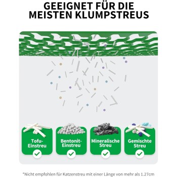 Grüner Streulöffel geeignet für die meisten klumpenden Streuarten: Tofu-, Bentonit-, Mineral- und Mischstreu, mit Häkchen.