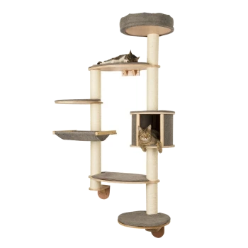 Ein moderner Katzenbaum mit mehreren Ebenen, auf dem zwei Katzen auf verschiedenen Plattformen entspannen und ein gemütlicher Rückzugsort vorhanden ist.