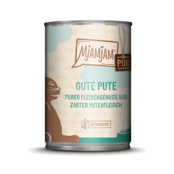 Eine Dose Mjamjam-Hundefutter mit der Aufschrift "GUTE PUTE," mit einer braunen Tier-Silhouette und hellblauen Akzenten, die "getreidefrei" angibt.