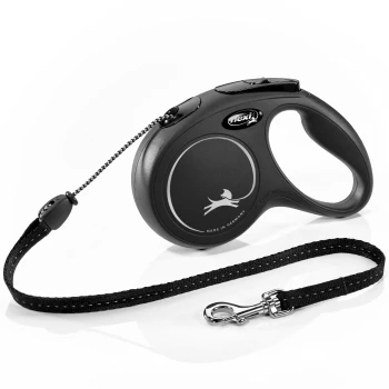 Schwarze, ausziehbare Hundeleine mit einem bequemen Griff, mit einem silbernen Logo und einem stabilen Clip zur Befestigung.