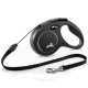 Black retractable dog leash with a comfortable grip handle, featuring a silver logo and a sturdy clip for attachment.