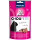Emballage de friandises pour chats Vitakraft Choupette avec un design rose, indiquant "délicat et charnu" avec des images de friandises et une silhouette de chat noir.