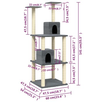 Grauer mehrstöckiger Katzenbaum mit zwei geschlossenen Häusern, Kratzpfosten und verschiedenen Plattformen, mit in Zentimetern angegebenen Abmessungen.