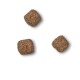 Three brown, square-shaped pet food kibble pieces on a white background.