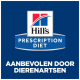 Hill's Prescription Diet-logo op een blauwe achtergrond, met de tekst 'AANBEVOLEN DOOR DIERENARTSEN' prominent weergegeven.
