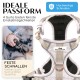 Nahaufnahme einer Person, die ein Hundegeschirr mit verstellbaren Riemen anlegt. Text: "Ideale Passform" und "Feste Schnallen bleiben fest."