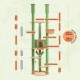 Höhenverstellbarer grüner Katzenbaum mit mehreren Plattformen, Maße in Zentimetern und Zoll beschriftet, entworfen für das Spielen von Haustieren.