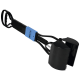 A black pet waste scoop with a blue handle, featuring a spring-loaded mechanism and serrated edges for easy cleaning.