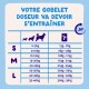 Tableau d'alimentation pour animaux avec en-tête français « VOTRE GOBELET DOSEUR VA DEVOIR S'ENTRAÎNER », tailles S/M/L avec plages de poids et grammes, icônes de chiens, horloge 24 h.