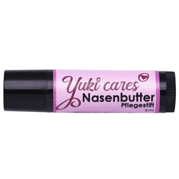 Yuki cares Nasenbutter Pflege-Stick, ein 5 ml Tiernasenbalsam in einer pinken Tube mit schwarzen Akzenten.