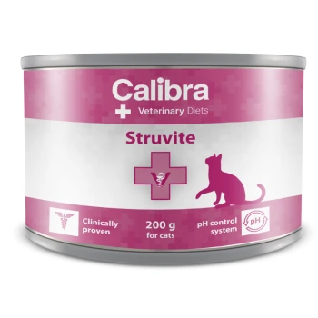 Calibra Veterinärdiäten Struvit Katzenfutterdose, 200 g, mit pinkem Design und Katzensilhouette, die behauptet, die pH-Kontrolle zu unterstützen.