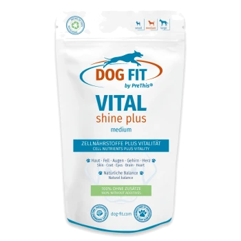 Weißer Beutel: Dog FIT VITAL Shine Plus medium, Nahrungsergänzung für Hunde – 'Zellnährstoffe plus Vitalität' und '100% ohne Zusatzstoffe'.