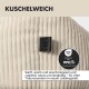 Orthopädisches Hundebett mit Memory-Schaum-Technologie, gepolsterten Seitenkissen und einem braunen Hund, der darauf sitzt.