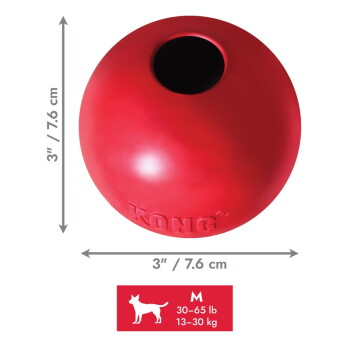 Czerwona piłka KONG na smakołyki z otworem u góry, średnica 3" / 7,6 cm, wytłaczane logo KONG i etykieta rozmiaru M 30–65 lb (13–30 kg)