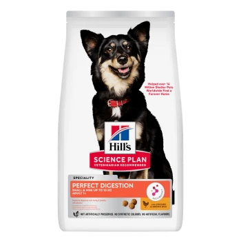 Sack Hill's Science Plan Perfect Digestion Hundefutter mit lächelndem schwarzem Hund, vom Tierarzt empfohlen, mit Huhn & braunem Reis.