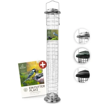 Ein hoher, zylindrischer Vogelhäuschen mit einem Metallgitter, beschriftet mit "MEISENKNÖDELHALTER," und einem Heft mit dem Titel "EIN FUTTER PLATZ FÜR GARTENVÖGEL."