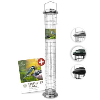 Ein hoher, zylindrischer Vogelhäuschen mit einem Metallgitter, beschriftet mit "MEISENKNÖDELHALTER," und einem Heft mit dem Titel "EIN FUTTER PLATZ FÜR GARTENVÖGEL."