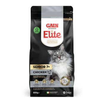 Gain Elite Complete Cat Nutrition, Senior 7+, Chicken flavor, 800g bag featuring a gray cat on the front, with health benefits listed.