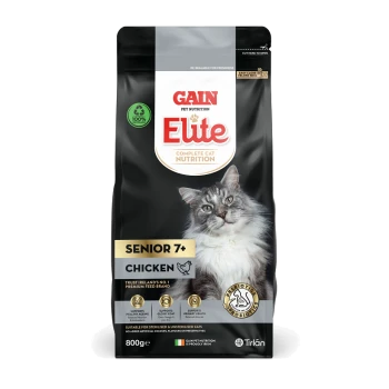 Gain Elite Complete Cat Nutrition, Senior 7+, Chicken flavor, 800g bag featuring a gray cat on the front, with health benefits listed.