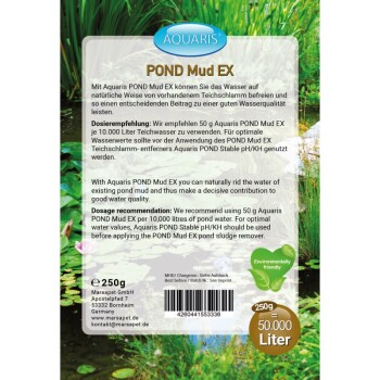 Verpackung des Produkts Aquaris POND Mud EX mit Anwendungshinweisen, Dosierungsempfehlungen und Ansprüchen zur Verbesserung der Wasserqualität.