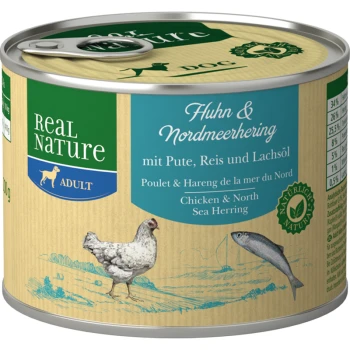 Original Nassfutter für Hunde Adult Huhn und Nordmeerhering 6x200 g Dosen-Hundefutter, beschriftet mit "Real Nature," mit Huhn und Nordseehering, mit Illustrationen eines Huhns und eines Fisches.