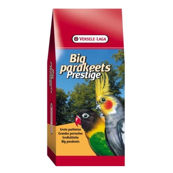 Sac coloré de nourriture pour oiseaux Versele-Laga Big Parakeets Prestige, présentant des illustrations de cacatoès et de perruches et un texte multilingue.