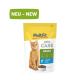Katzenfutterverpackung mit einer roten Katze, beschriftet mit "MultiFit CARE ADULT" und einem Banner "NEU - NEW", 750 g, und hervorgehobenem Lachsbestandteil.