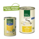 Two Real Nature pet food cans: a small "Adult" can with duck and fish, and a larger "Original" can, both featuring a green speech bubble.