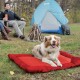 Ein glücklicher Hund sitzt auf einem roten Haustierbett in einem grasbewachsenen Campingplatz, mit einem blauen Zelt und einem Holzstapel im Hintergrund.