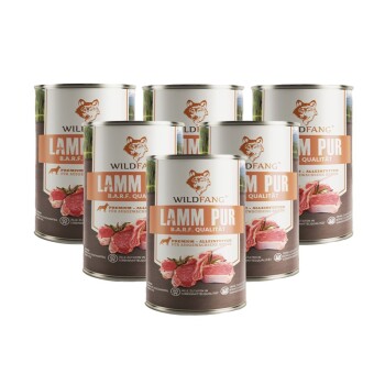 Sechs Dosen Wildfang Lammpur Hundefutter, gekennzeichnet mit "B.A.R.F. Qualität" mit Bildern von rohem Fleisch und "Premium - Alleinfutter für Hunde."