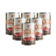 Sechs Dosen Wildfang Lammpur Hundefutter, gekennzeichnet mit "B.A.R.F. Qualität" mit Bildern von rohem Fleisch und "Premium - Alleinfutter für Hunde."